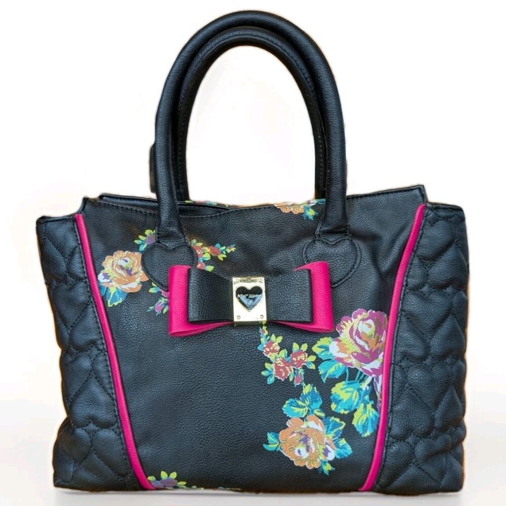Betsey Johnson Blooming Bows Floral Satchel Black Pink Bow Heart Plaque Handbag